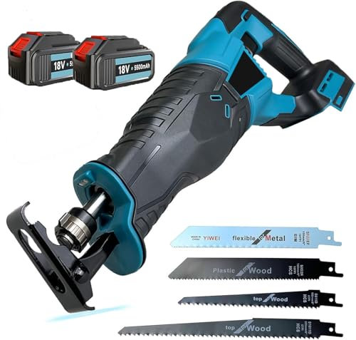 Reciprocating Saw,350W 18V Variable Speed Cordless Sabre Saw with 2x3000mAh Battery, Reciprocating Saw with Tool Less Blade Change, Variable Speed & Lock-Button, w/4 Saw Blades,for Cutting Wood