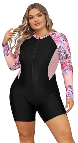 EFOGEP Plus Size Swimwear for Women: Ladies Swimming Costume Long Sleeve Zip Up Rash Guard High Stretchy Boyleg One Piece Swimsuit Surfing Modest Bathing Suit with Chest Pads Black & Flower XL