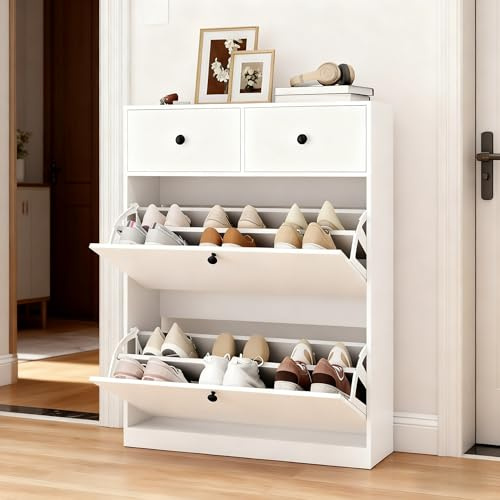 YOURLITE Schuhschrank Schmal mit 2 Klappen,Schuhkipper mit 2 Schubladen Weiß,Platzsparender Schuhregal,Schuhkommode mit Trennwand Verstellbar,Kippschutz,für Flur Eingang Wohnzimmer