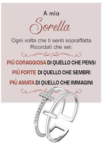 Anello Sorella per sorelle, amiche Donne Ragazza in Argento Sterling 925 Ispirazionale e di Incoraggiamento, Croce, Regolabile - Cofanetto con DEDICA incluso (Croce - Sorella)