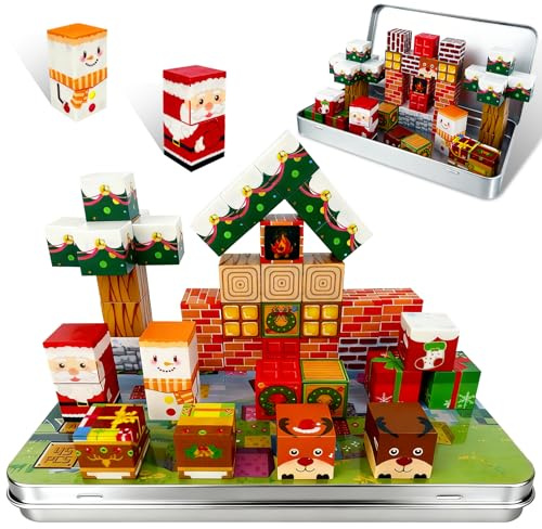HUTRADE Bloc de Construction Magnétique Noël – Jeu de Voyage, Ensemble de Magnetic Blocks Portables avec Boîte en Métal, Jouet Sensoriel Montessori à Empiler pour Enfants 3+ Ans Cadeau Noël