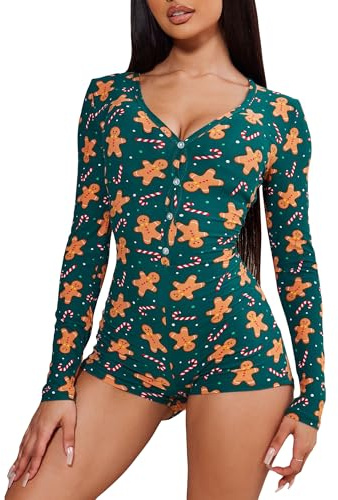 Svuitmsl Women Christmas Short Romper Jumpsuit V Neck One Piece Bodysuit Pajama Long Sleeve Bodycon Rompers Overall Sleepwear (D-Gingerbread Man, M)