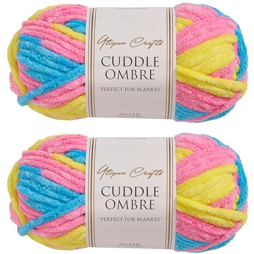Utopia Crafts Cuddle Ombre - Filato morbido di ciniglia super grosso, per lavorare a maglia e uncinetto, 2 confezioni da 100 g (zucchero filato, 2 confezioni da 100 g)