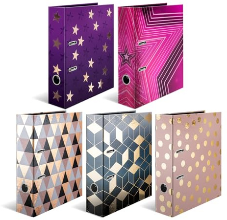 Herma Folder A4 Elegant Set, 5 Pieces, 7 cm Wide, Children's Ring Binder with Gold Pattern and Star Motif, Colourful Lever Arch File with Shiny Finish for Boys and Girls