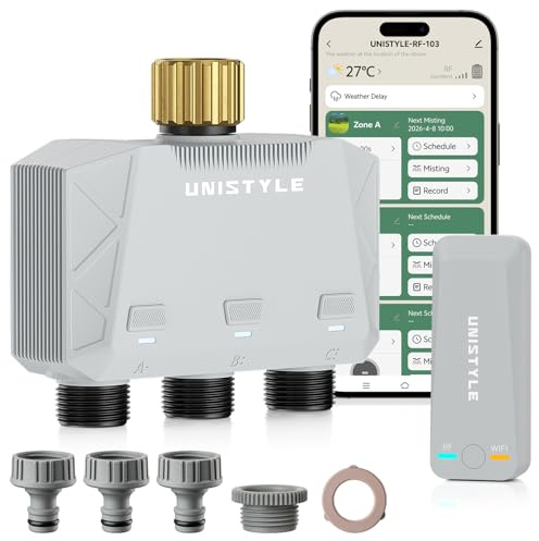 Unistyle Centralina Irrigazione WiFi 3 Vie | Nuova edizione 2026 - Irrigazione Giardino Semplice Tramite APP, 5 Programmi di Indipendenti, Programmatore Irrigazione Automatico per giardino e piante