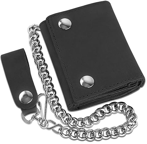 RFID Blocking Men's Tri-fold Vintage Biker Cowhide Leather Steel Chain Wallet,Snap closure, Made In USA,tc315-solid black