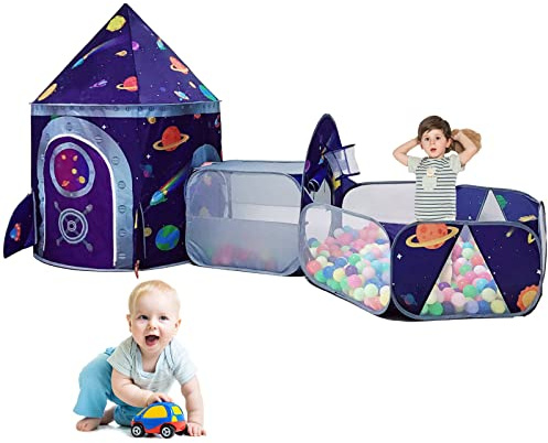 LOJETON 3pc Space Ship Kids Play Tent, Crawl Tunnel, Ball Pit for Toddlers, Indoor Outdoor Playhouse Castle Toys, Baby Boys Girls for 3 4 5 6 7 Years Old (Balls Not Included)