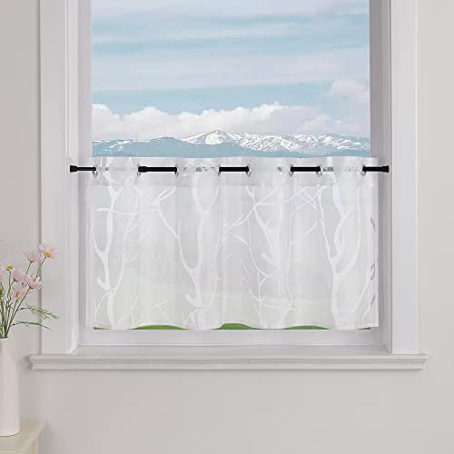 Delien Voile Scheibengardine mit Ösen Bistrogardinen Landhaus für Küche Transparente Kurzstores Modern Gardine »Zweig« Klein Fenster Kurz Vorhang BxH 120x60cm,Weiß