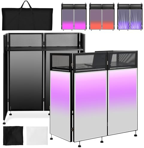 Kokorona Portable DJ Booth 43L x 20W x 45H, DJ Facade Booth with Black & White Scrims, Folding DJ Booth for Party, DJ Facade Table Booth with Cable Hole, Black Metal Frame + Carry Bag