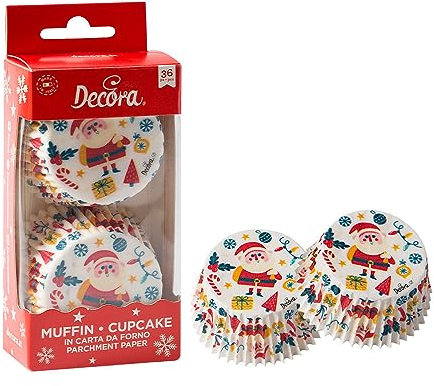 Decora, 0339897 Confezione da 36 Pirottini Buon Natale da 50 X 32 mm, per Cuocere, Presentare e Regalare Muffin e Dolcetti, Resistono fino a 180°C, In comodo Blister, Made in Italy