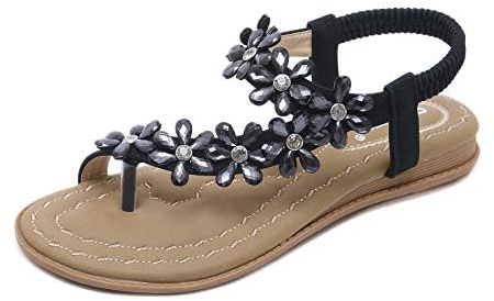 ZOEREA Womens Flat Sandals Summer Rhinestones Flower Flip Flops Ladies Thongs Elastic T-Strap Bohemian Shoes Fit Vacation B-Black,6 UK