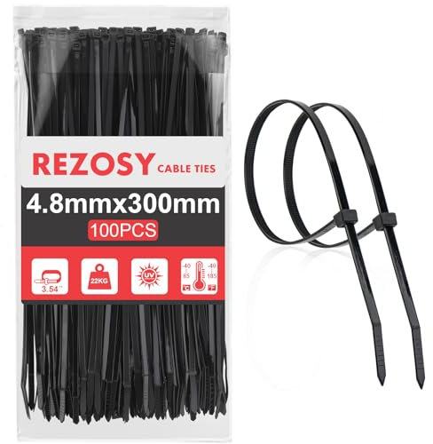 REZOSY Kabelbinder Schwarz 300mm x 4.8mm, 100 Stück Zugfestigkeit 22kg, UV-beständig，Für viele Gelegenheiten geeignet, zum Organisieren von Kabeln, Haushalt, Büro