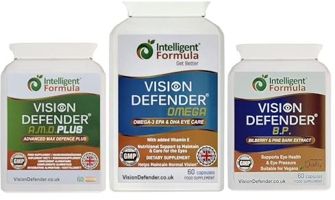 Vision Defender Plus & BP & Omega Supreme Bundle Cura degli Occhi - AREDS2 Luteina Zeaxantina Mirtillo Corteccia di Pino - Vitamine Occhi per Vista - Omega-3 EPA DHA - 180 Capsule - UK