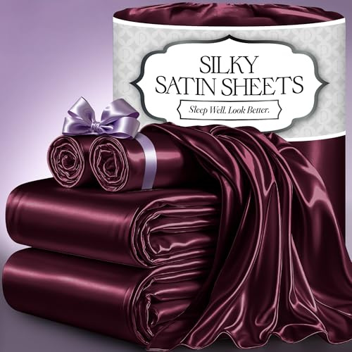 DECOLURE Satin Bed Sheets - 4 Piece Luxury Silky King Size Bedding Set - Softer Than Silk, Wrinkle-Free with 15” Deep Pocket Fitted Sheet, Perfect for Hair & Skin, Gifts for Women (Rosewood-01)