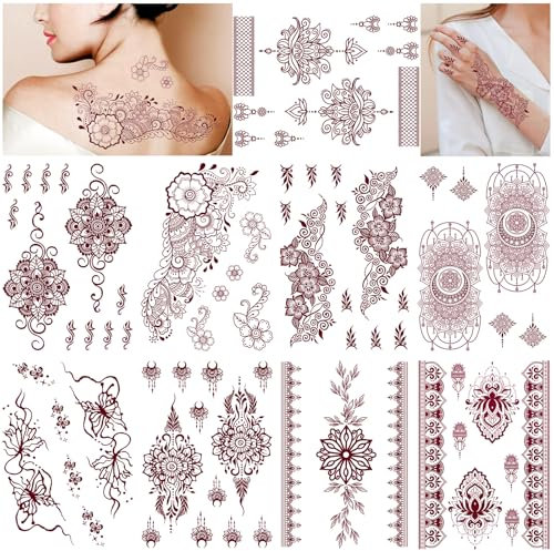 DPKOW 9 Pièces De Tatouages Temporaires Marron Rouge, Autocollants De Tatouage Mandala Fleur Pour Femmes Filles, Tatouages En Dentelle Indienne, Fournitures pour Fêtes De Mariage Eid Imperméables.