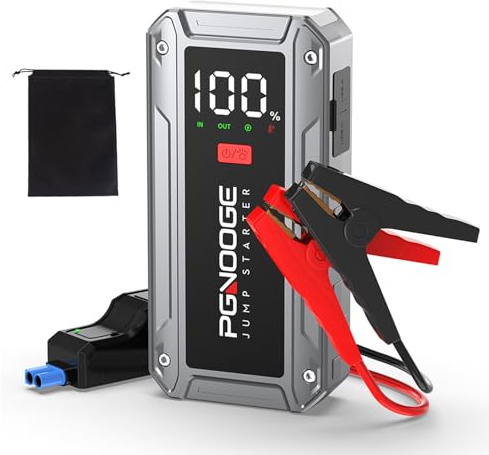 PGNOOGE 6000A 26800mAh Startkablar för Bilbatteri (Upp till ALL Bensin/10 L Diesel), 12V Batteristartare med Kraftstartknapp och USB-utgång, Stor LCD-skärm, 600 Lumen Ljus