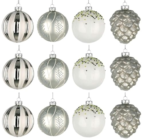 12Pcs/80mm Glass Baubles Christmas Tree Balls Spheres Hanging Ornaments Set Assorted Designs Xmas Tree Decorations, Silver,white