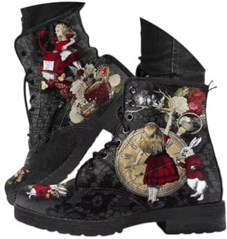 Minetom Femmes Bottines Gothique Impression Punk Bottines en PU Cheville Chaussures Bottines À Lacets en Plein Air Plat Bottes Courtes A Lapin 39 EU