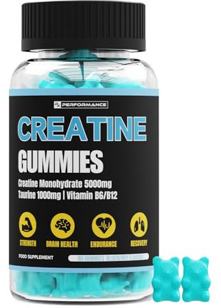 Creatine Monohydrate Gummies - 5000mg per Serving 1 Month Supply for Men and Women. Plus B12, B6 & Taurine. 60 Blueberry Flavoured Sugar Free & Vegan Chewable Creatine Gummies (One Size, Blueberry)
