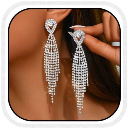 Unicra Silber Strass Braut Ohrringe Weddimg Crystal Dangle Earrings Long Diamond Ohrschmuck für Frauen und Bräute (Silber)