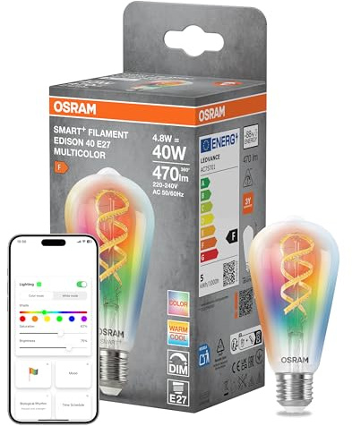 Osram SMART+ LED-Lampe Edison 40 Filament E27, RGBW, Matter-kompatibel, WiFi-Anbindung, App- und Sprachsteuerung, 4,8W, Multicolor, dimmbar