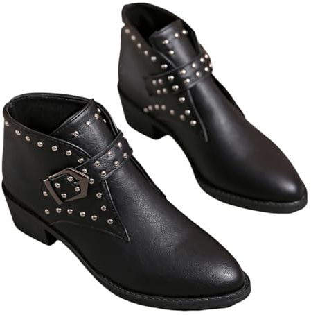 Botines Sin Cordones Botas Chelsea Cortas con Tacón Ancho for Mujer Botines De Punta Puntiaguda con Hebilla Y Tachuelas Boots Moteros De Cuero De PU Zapatos De Tobillo Casuales(Black,39 EU)