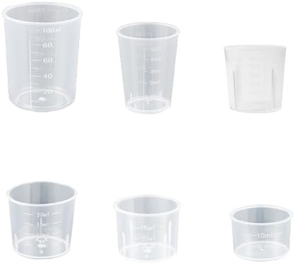 6 Pack Plastic Measuring Jug Measuring Cups Lab beakers 10ML/15ML/20ML/30ML/50ML/100ML Small Measuring Jug Graduated Mixing Cups Measuring Jugs for Liquid Home Baking Epoxy Mixing Scale Measures Tool