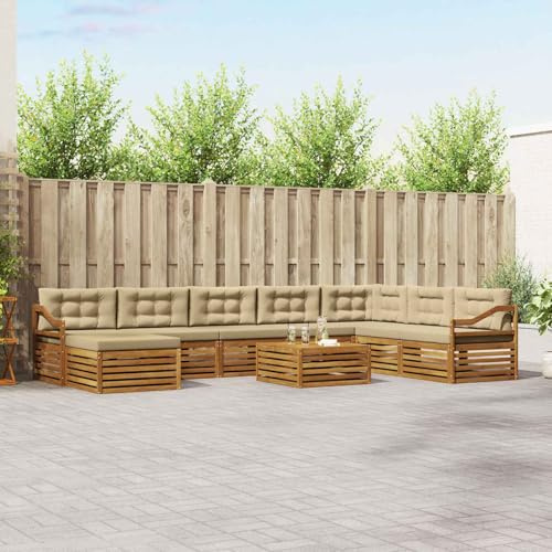 LoogCape Outdoor Sofa Set 9 Pieces Natural and Beige Solid Wood Acacia Garden Furniture Set for Patio Balcony Pool Area with Modular Seating Groups Weatherproof Design