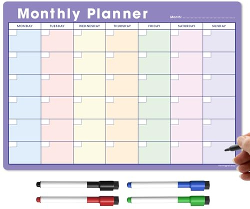 TMS A3 Monthly Planner Whiteboard | Magnetic Fridge Calendar for Meal Prep, Work or Family Planning | Made in the UK (A3, Purple + Pastel)