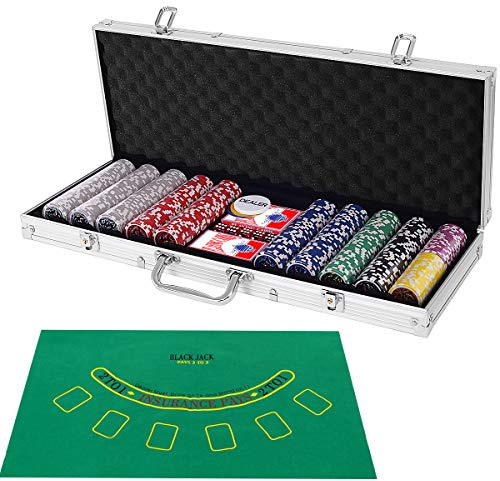 COSTWAY Mallette de Poker Coffret Professionnelle 500 Jetons 2 Jeux de Cartes, 5 Dés, 3 Boutons, 1 Tapis en Feutre Etui en Aluminium (Argent)
