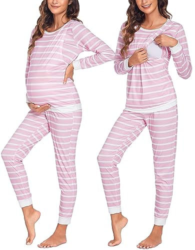 Ekouaer Women's Maternity Nursing Pyjamas Set Long Sleeve Pink Stripe XXL