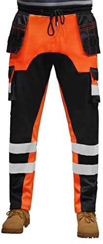 Pantalon de travail en polaire haute visibilité pour homme, poches holster et bande réfléchissante argentée, pantalon de jogging, pantalon de combat, vêtements de travail, Noir et orange., S