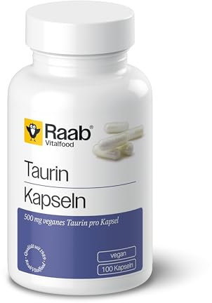 Raab Vitalfood Taurin Kapseln (100 Stück), 500 mg veganes Taurin pro Kapsel, Nahrungsergänzungsmittel mit Taurin, vegan