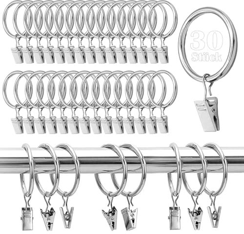30 Stück Gardinen Ringe,Gardinenringe mit Clips,Metall Vorhangringe,Gardinenhaken für Schienen,32 mm Innendurchmesser (Silber),Kunststoff Gardinenhaken für Fenster Tür Duschvorhänge