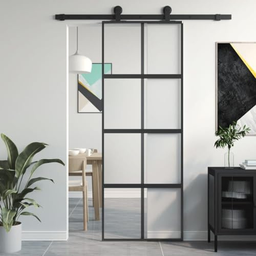 Hovothy Puerta Interior 76x205 cm Vidrio Templado y Aluminio Negro,Mate y Transparente Moderna Puerta Corredera de Granero Ahorrar Espacio Puerta de Casa Oficina Fácil Limpieza y Mantenimiento