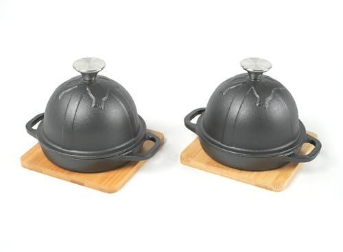 HAWOK Pre-Seasoned Cast Iron Garlic Roaster with Bamboo Tray, 5-Inch,BBQ Grill Garlic Baker, Mini Cocotte, Black, Set of 2