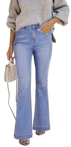 STARBILD Flared Vaqueros para Mujer Flared Fit con Bolsillos, Jeans High Rise Bootcut Pantalones Evasé, Bolsillo con Tapa - Azul Claro S