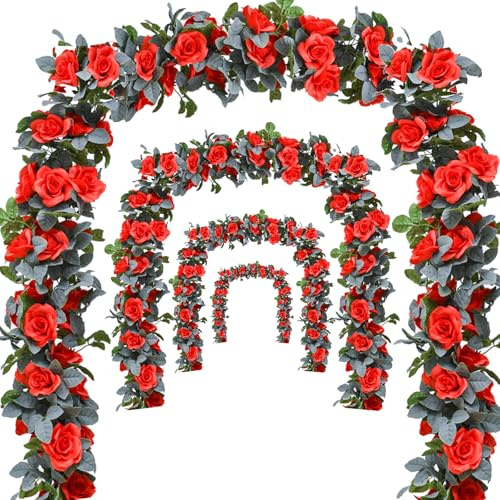 Bacucine Ghirlanda di fiori con rose rampicanti artificiali da 7,1 m, con foglie verdi, rampicanti da appendere, per matrimoni, feste, giardino, casa, decorazione da parete (rosso)