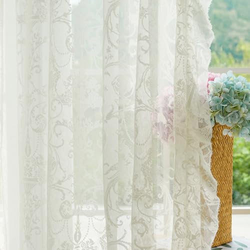 TUDECO Lace Ruffle Curtains 2 Panels - Elegant Floral Sheer Curtains 72 Inch Length for Bedroom Doorway Patio Door, French Rococo Privacy Cream Rod Pocket Window Treatments, 59 x 72 Inch, Ivory