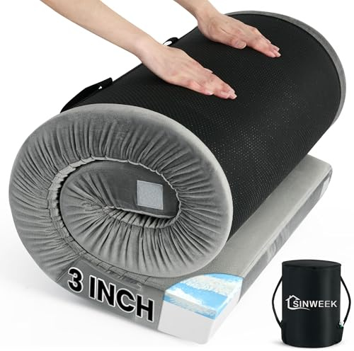 Sinweek Memory Foam Camping Mattress Pad, CertiPUR-US Waterproof Portable Roll Up Mattress Topper for Adults, Cot Mattress Pad Car Van Sleeping Mat Pad with Carrying Bag (3 in, Single)