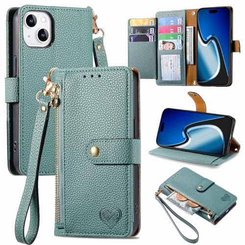 VEEMOS Zipper Wallet Case for Apple iPhone 15 Plus Phone Case with Purse Card Holders RFID Blocking Leather Flip Case Book Cover Wrist Strap Women - Green