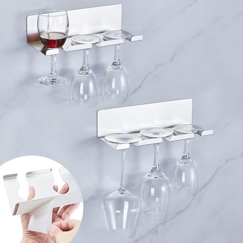LOXSUN 2 Pezzi Porta Calici da Parete, Porta Bicchieri Sospesi in Acciaio Inox Con Adesivo, Portabicchieri Sospeso Organizer da Muro Per Cucina Bar, Argento