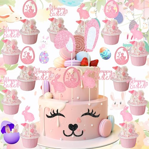 Weploda 17 Piezas Decoración De Pastel De Conejo, Decoración Para Tartas De Conejo De Pascua, Lindas Orejas Conejo Cake Topper Bunny Cake Decoraciones, Decoración Pastel Conejo Con Pestañas
