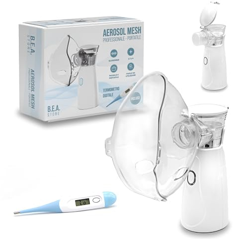 Aerosol Portatile Silezioso Mesh Ultrasuoni Adulti Bambini Usb-C Ricaricabile 2 velocità Termometro Digitale Apparecchio macchina Aerosol Nebulizzatore Lavaggio Nasale 2 Maschere un Boccaglio