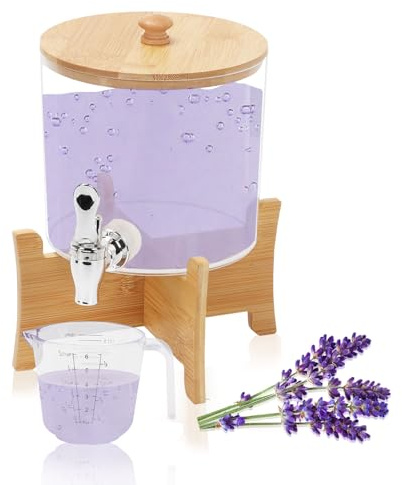 3.5L Large Capacity Laundry Detergent Dispenser, Clear Round Tubs with Tap, Bamboo Lids, Wooden Base, and Graduated Cup, Save on Usage, Liquid Storage Contain, Laundry Room Organizer