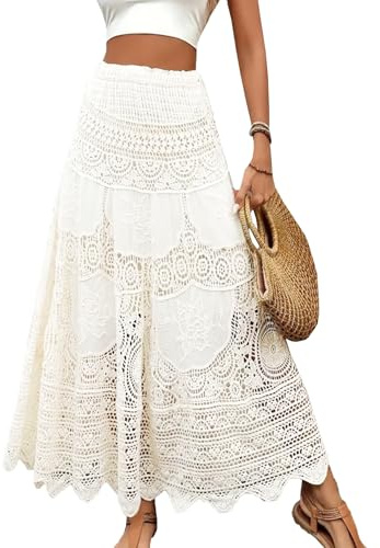 Gratoryna Jupe en crochet pour femme - Taille haute - Maxi extensible - Style bohème - Jupe fluide en dentelle