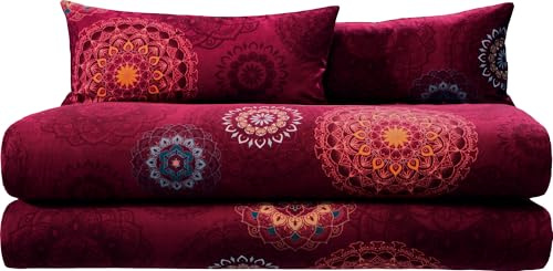 Erwin Müller Bettwäsche, Bettgarnitur Sparpaket 4-TLG. Flanell - Mandala - mollig warm, temperaturregulierend, mit praktischem Reißverschluss - Bordeaux Größe 40x80 cm / 155x220 cm