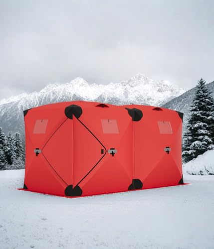 Garvee Pop Up Ice Fishing Tent Insulated Ice Fishing Shelter Portable Hub-Style Shelter Shanty Windproof and Warm, Multiple Sizes for 6-8 Person, Red, 6x11.7x6.6 Ft
