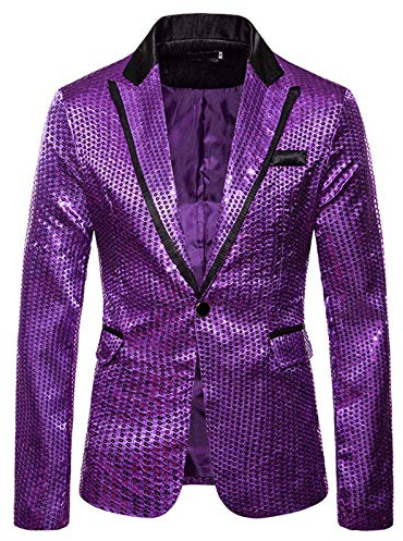 Générique Blazer Homme Paillettes Violets Éclatant avec Col Noir - Veste de Costume Homme à Paillettes Dorées, Tenue de Scène Brillante Style Disco & Glamour pour Soirées, Spectacle Top