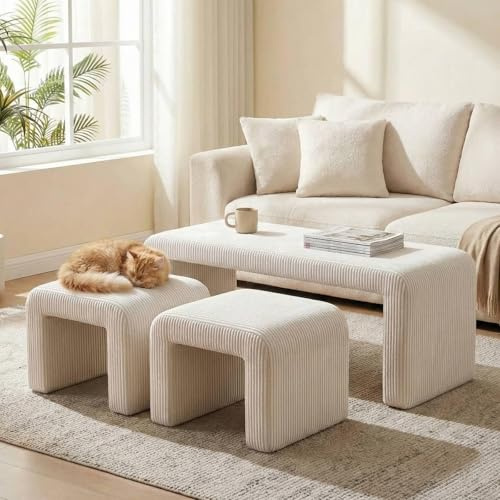 Clevich Juego de 3 Bancos tapizados, Banco al pie de la Cama, con 2 taburetes pequeños, cómodo Banco de Entrada/tocador, Moderno Banco Curvo, para Sala de Estar/Dormitorio/Entrada, Beige